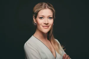 Portrait of Maike Hornung, Head of Crypto Europe at Visa, delivering a keynote at Dutch Blockchain Week 2026 in Amsterdam.